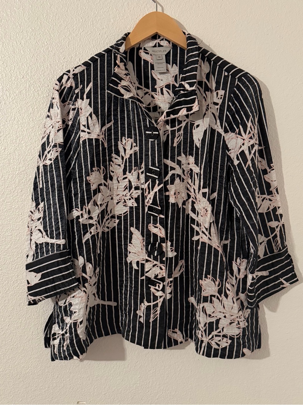 Multiples Black and Pale Pink Floral Stripe Button-Down Shirt Size PM